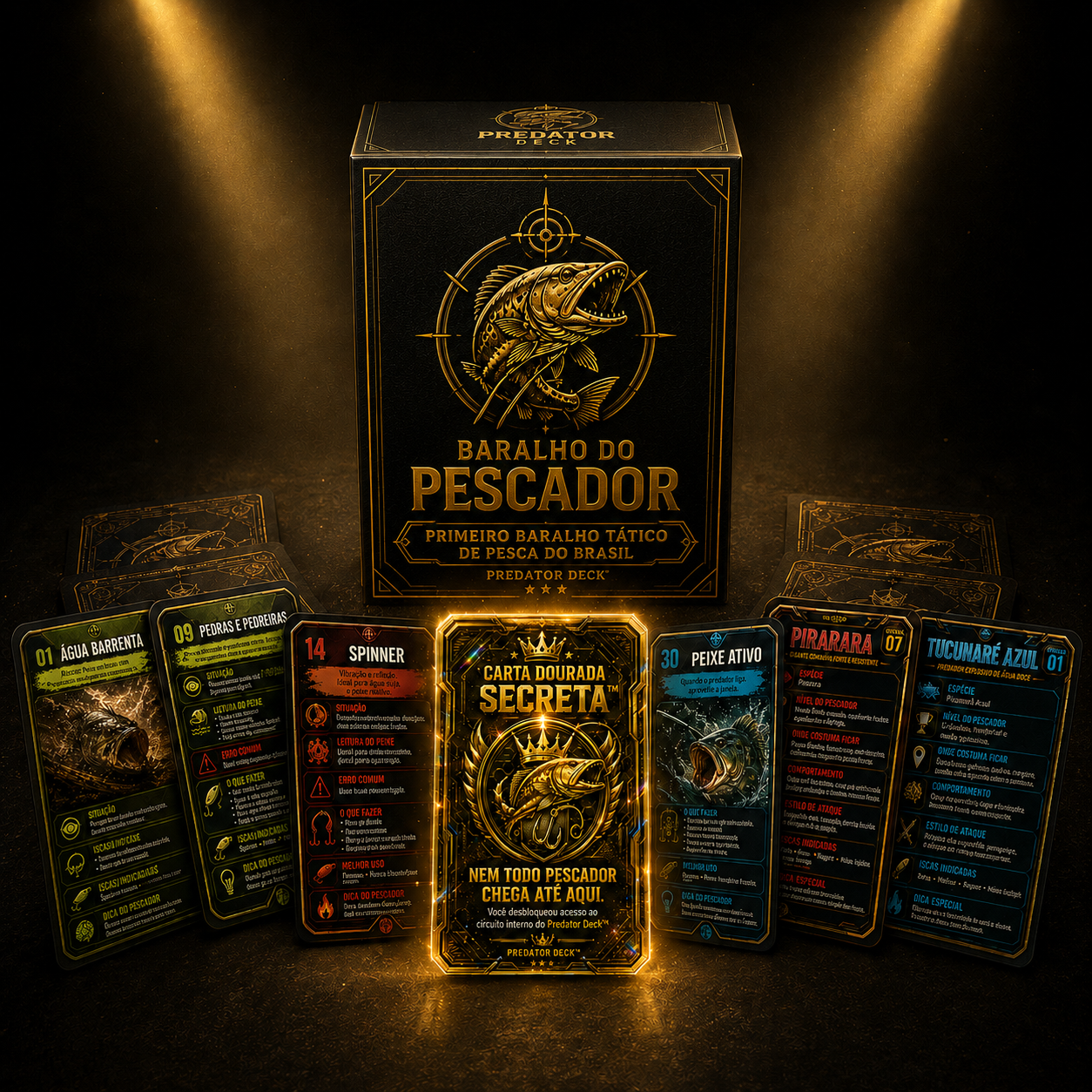 Caixa Predator Deck — Baralho do Pescador com cartas em destaque